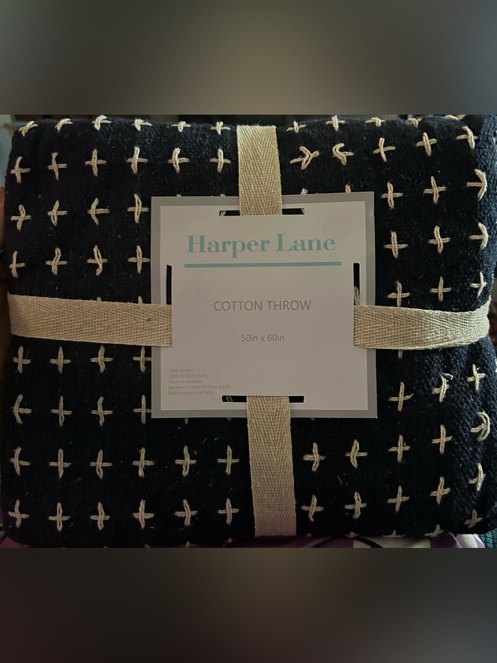 Harper Black Cotton Throw with Cream Cross Stitch Accents